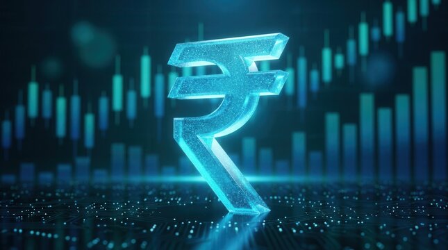 Abstract blue financial charts and a shining Indian rupee symbol indicating economic progress and market growth.