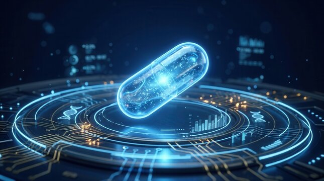Abstract digital graphic of a glowing capsule on a circuit board for innovation in medicine and pharma tech.