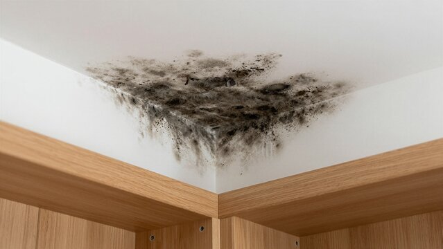 Visible black mold spreading across ceiling corner near wooden cabinetry in damp indoor environment.