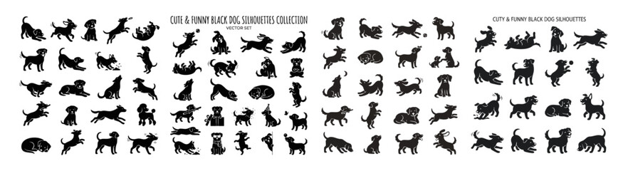 Obraz premium Cute Funny Black Dog Silhouettes Collection in Different Poses Vector Set, vector isolated on white