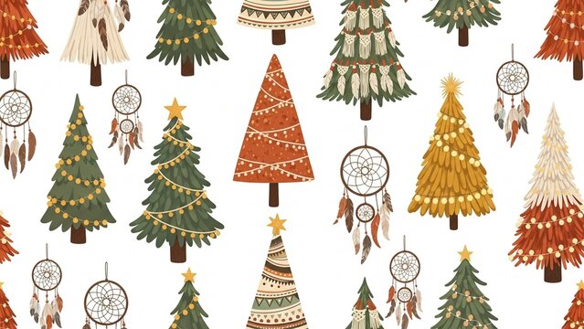Bohemian Christmas Dream: Cozy Seamless Pattern with Rustic Trees & Dreamcatchers