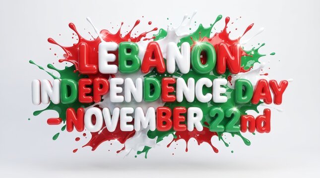 Lebanon Independence Day November 22nd 3D text, glossy balloon lettering with red and green paint splashes, Lebanese national holiday celebration