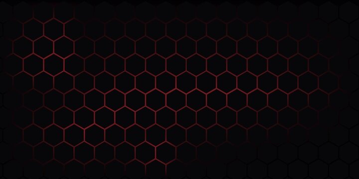 Dark gray and red horizontal hexagonal technology abstract vector background. red bright energy flashes under hexagon in futuristic modern technology wide banner