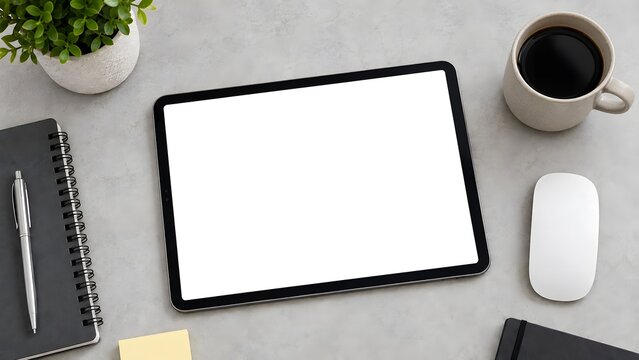 Minimalist digital tablet mockup with blank white screen, modern workspace desk with coffee and office supplies, professional creative workstation