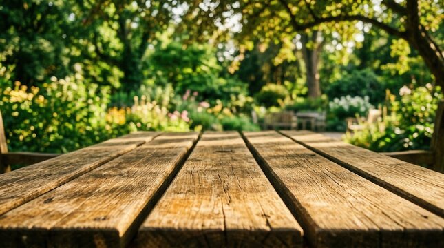 Sunny day in a park garden with an empty wooden table in the foreground.