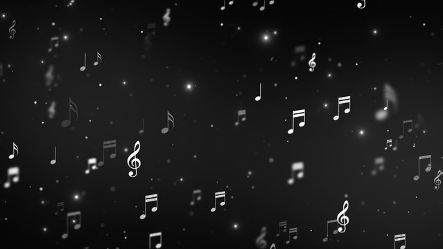 music notes and glowing lights flying on dark background ,song, black and white music and concert stream social media background