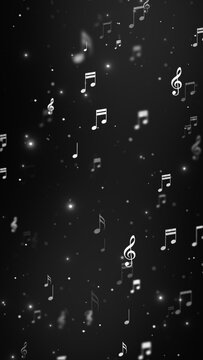 music notes and glowing lights flying on dark background ,song, black and white music and concert stream vertical social media background