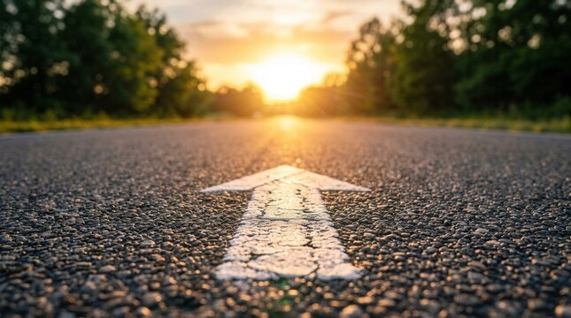 A white arrow on an asphalt road leads toward a bright sunset sun, symbolizing a journey and goals.