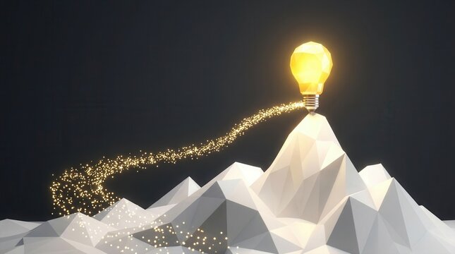 Glowing path leading to a bright lightbulb on a mountain peak, symbolizing success and creative thought.