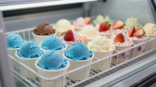 A vibrant display of colorful dessert cups featuring various ice cream scoops topped with fresh strawberries and sprinkles, arranged neatly in a chilled glass case.