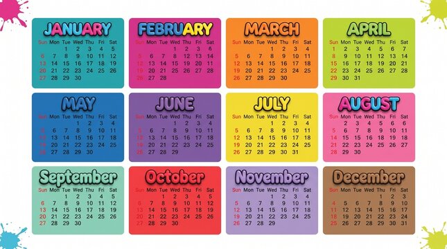 Colorful annual calendar grid with 12 months, vibrant monthly planner layout for kids, playful school year schedule with bold typography and bright colors