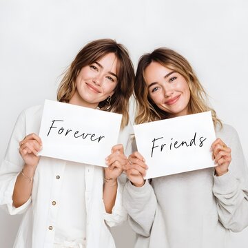 Two cheerful young women holding white paper signs with text forever friends while smiling brightly against a plain studio background
