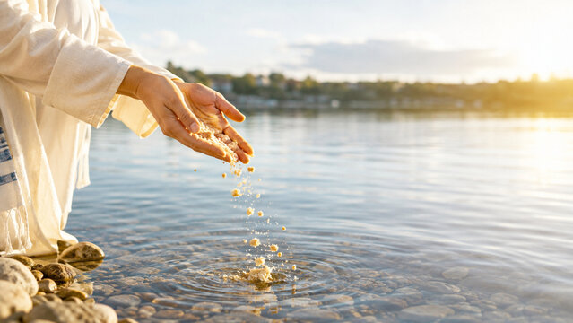 Hands performing Tashlich tradition at river water during Rosh Hashanah