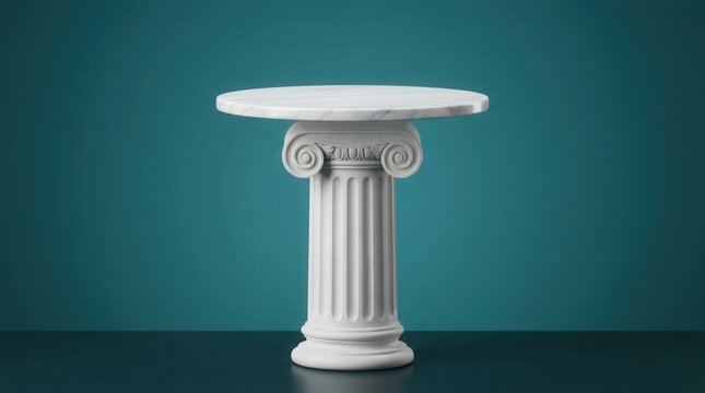 Empty podium pedestal and ancient Greek Roman pillar providing a classic stage on teal background.