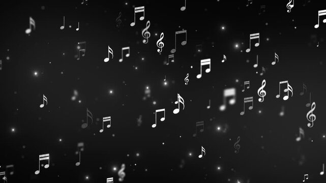 music notes and glowing lights flying on dark background animation ,song, black and white music and concert stream social media motion background