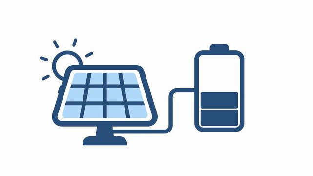 Animated Solar Panel Charging Battery Icon. Renewable Energy Symbol. Simple Motion Graphic for Solar Power, Green Electricity, Sustainable Technology and Clean Energy.