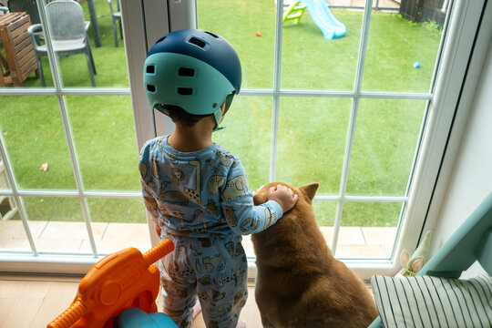 A toddler wearing a helmet stands with a dog featuring a white model