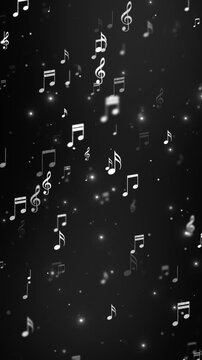 music notes and glowing lights flying on dark background animation ,song, black and white music and concert stream vertical social media motion background