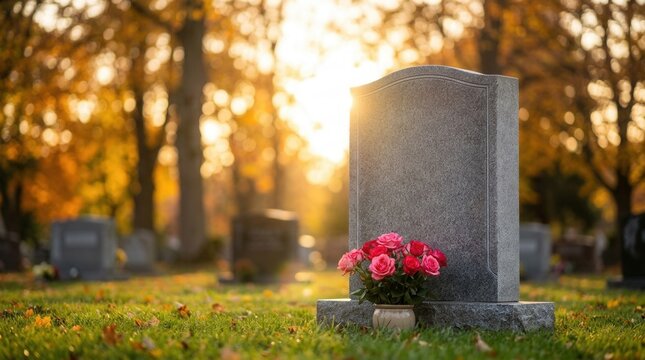 Serene graveyard with tombs and trees under the autumn sun shining on a gravestone with pink roses.