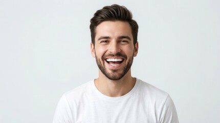 Obraz premium Hearty laugh of a young man with dark hair and beard, showing perfect white teeth against a plain light backdrop.