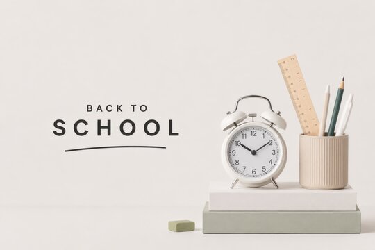 Back to school concept with alarm clock and stationery. Education start theme featuring vintage timepiece and writing tools on white desk.