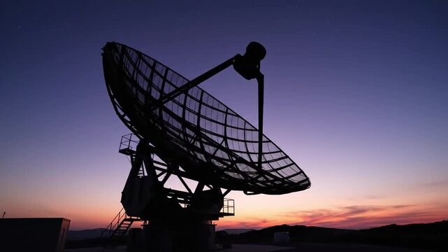 Silhouette of a large radar antenna rotating slowly under a starry twilight sky for space tracking