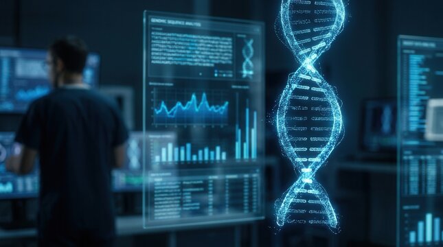 Futuristic medical interface showing genetic sequence analysis with holographic DNA