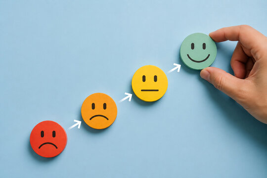 Hands holding blue happy smile face for medical care concept. Mental health positive thinking. 