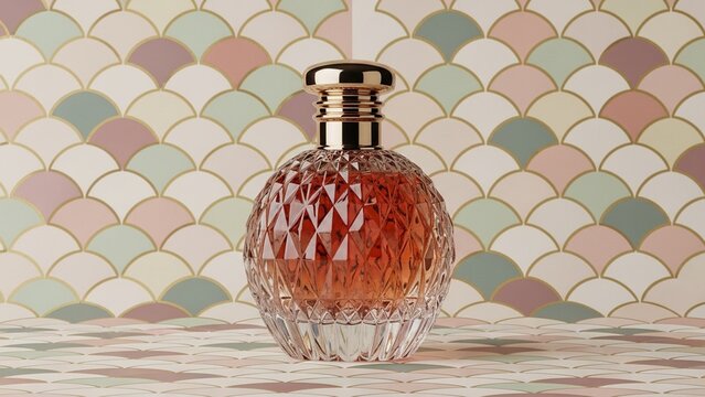 Glamorous Faceted Perfume Bottle Against a Chic Scalloped Tile Background