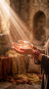 Open hands glowing with golden particles, illuminated by sunbeams, suggesting magic or blessing, evoking wonder and spirituality