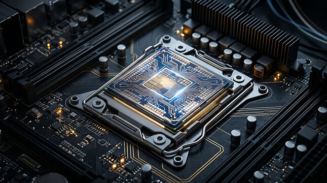 Close-up of a powerful computer processor on a motherboard, symbolizing advanced technology and innovation.