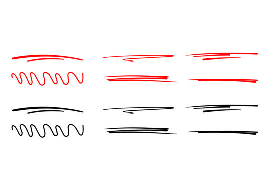 Hand drawn red and black underline set scribble stroke highlighter marker line doodle element vector illustration collection