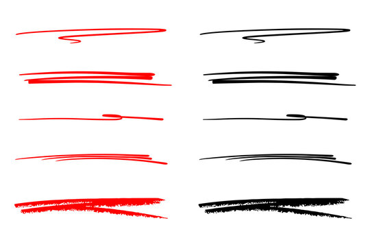 Hand drawn red and black underline set scribble stroke highlighter marker line doodle element vector illustration collection