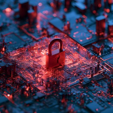 Cybersecurity concept with glowing padlock on circuit board and microchip, digital data protection background 