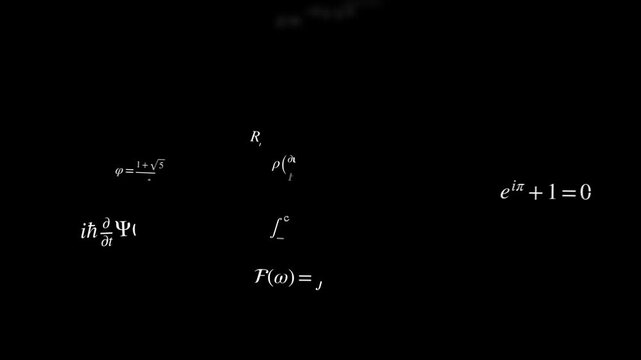 White mathematical formulas drift slowly across a black background. Floating equations create an abstract science, research and education concept with generous copy space.
