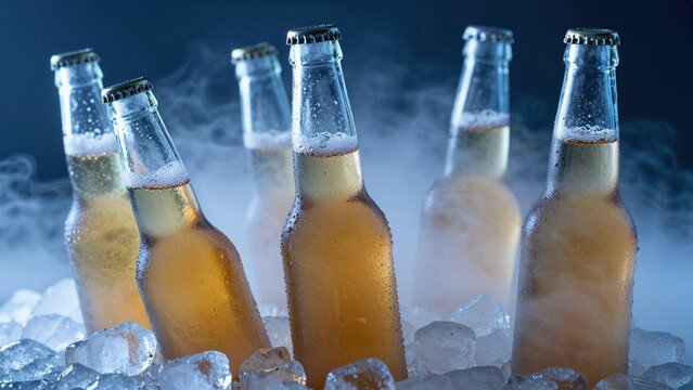 Cool glass bottles of refreshing beer sit among crushed ice with mist rising, perfect for summer relaxation or social gatherings.