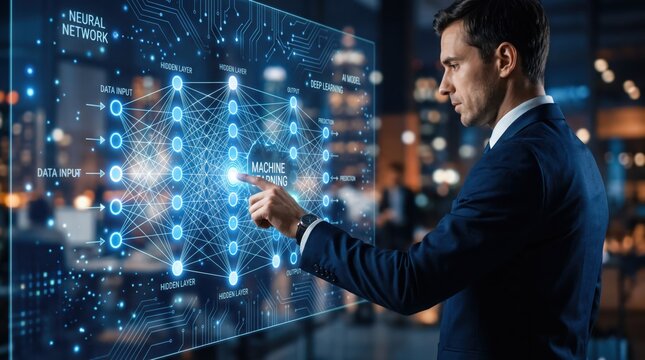 Businessman touching virtual screen displaying neural network diagram machine learning artificial intelligence deep learning data input output hidden layer.
