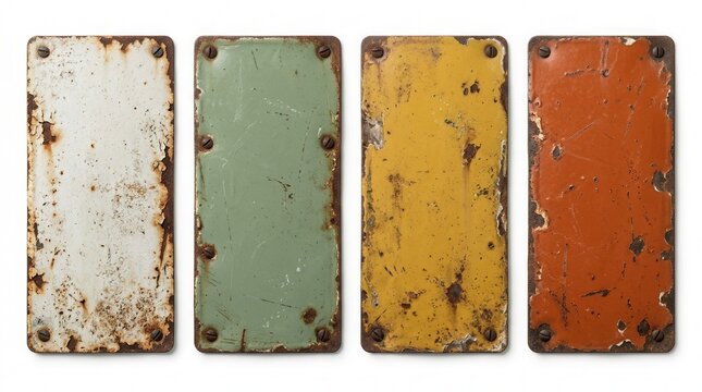 Side by side arrangement of four empty vintage tin signs showing signs of wear and rust on white background.