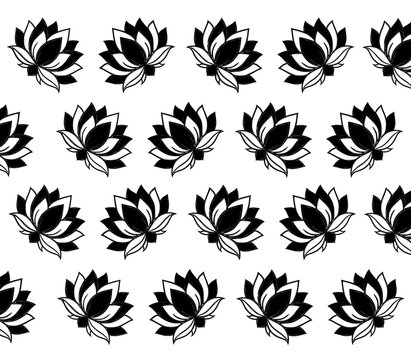 Black and white lotus flower seamless pattern illustration on white background