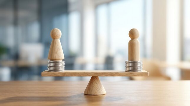 Financial equality business concept with coins depicting equal compensation in the workplace.