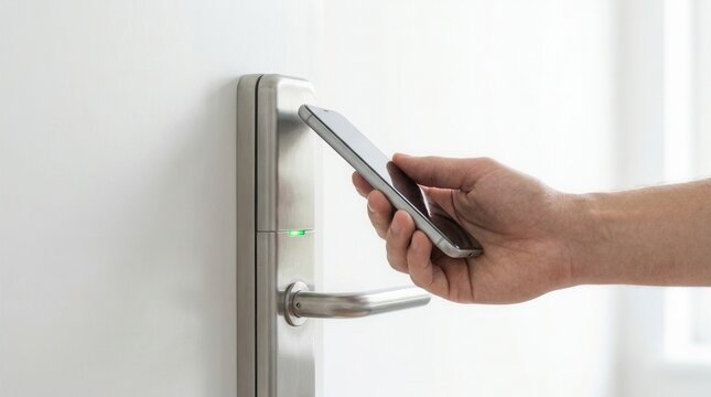 Digital entry system activated by a mobile phone near a modern smart door lock.