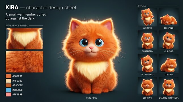 Cartoon mascot character design sheet featuring a fluffy orange cat with various poses including jumping, sleeping, and curious expressions against a dark background