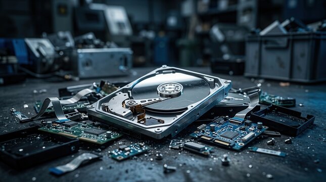 Electronic waste and hardware failure concept with a pile of broken hard drives and computer parts.