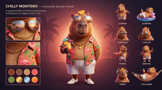 Cartoon mascot character design sheet featuring a capybara named Chilly Montero in various poses and expressions, showcasing vibrant colors and tropical attire
