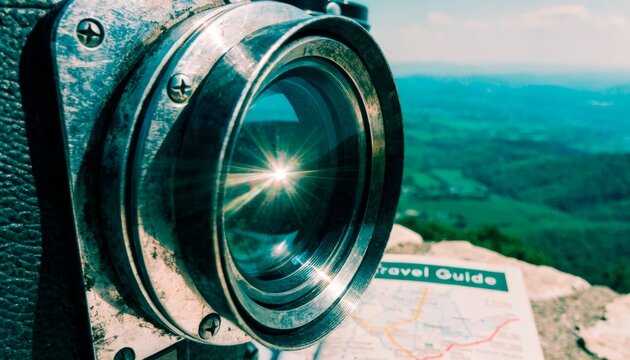 Camera lens focuses on travel guide in mountain view during bright day