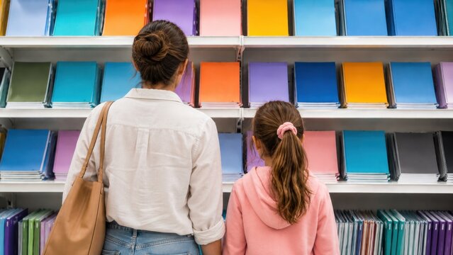  Concept de pr&eacute;paration &agrave; la rentr&eacute;e scolaire : M&egrave;re et fille vues de dos choisissant des fournitures scolaires dans un magasin. Famille regardant des &eacute;tag&egrave;res pleines de cahiers color&eacute;s au supermarch