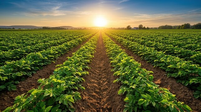 Agricultural farmland featuring perfect neat lines of growing crops during a golden sunset.