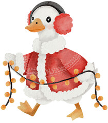 Duck wearing red winter coat and earmuffs holding string of lights, festive and cheerful holiday decoration
