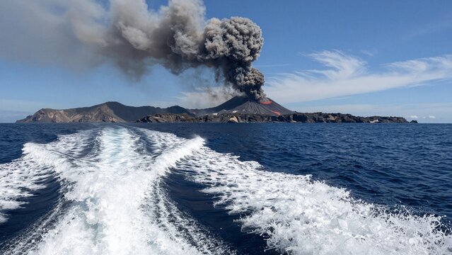 A boat sails toward a volcanic island erupting with smoke and lava, capturing raw natural power against the ocean.