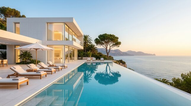 White luxury house on the sea coast featuring an infinity pool and modern architecture design.